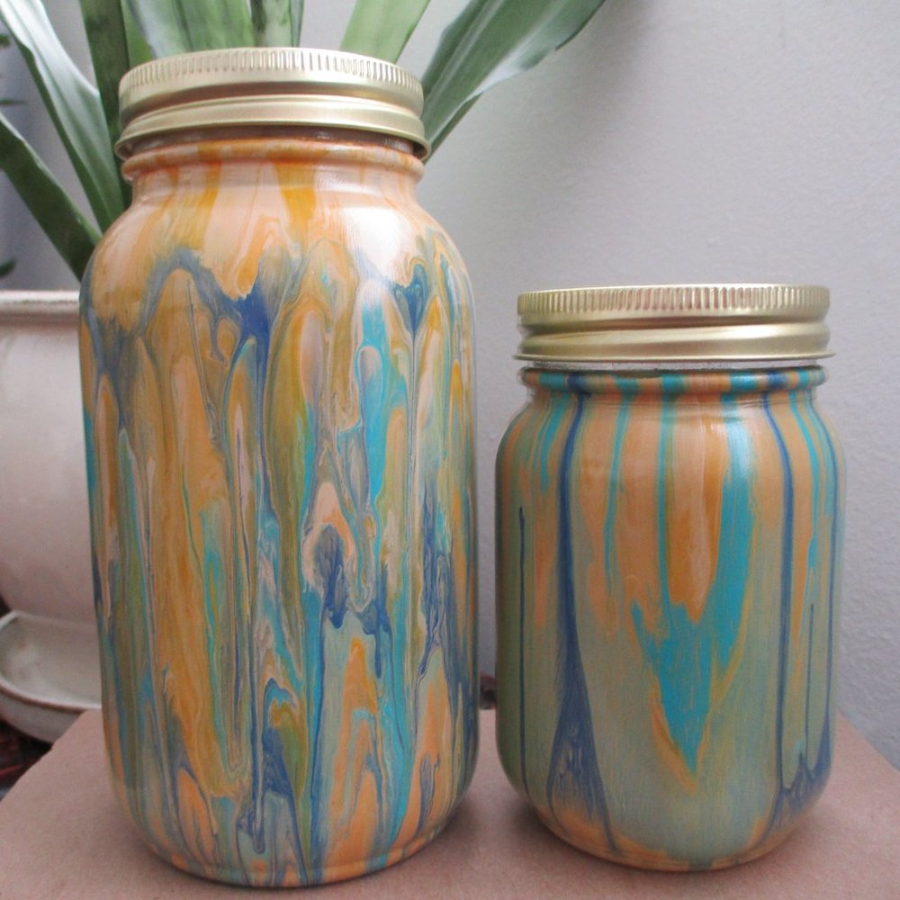 2 Original Decorative Storage Jars Fluid Pour Paint Technique Quart and Pint